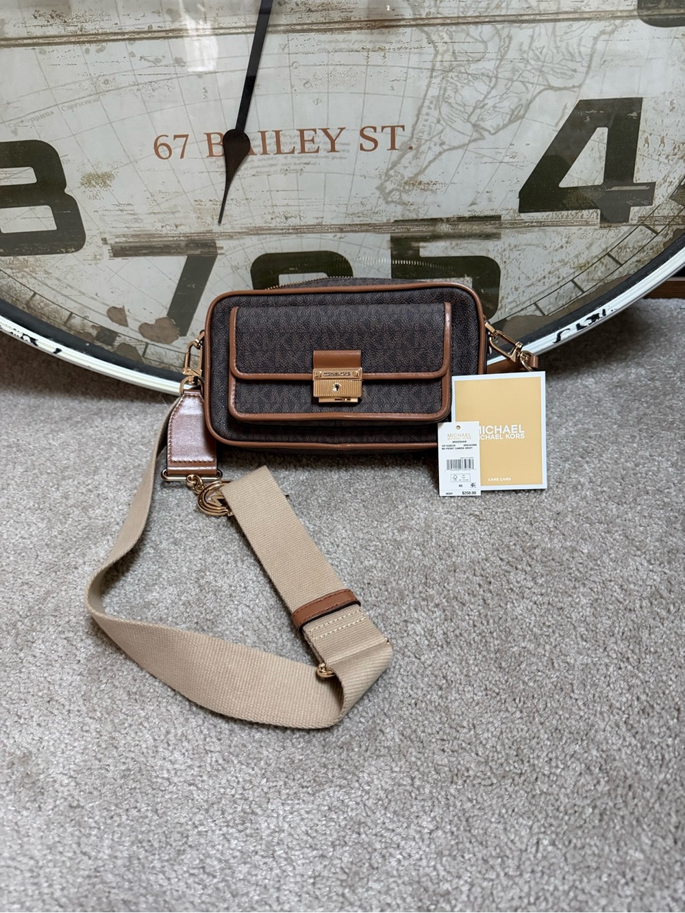 NWT Michael Kors Bradshaw Brown Signature PVC Crossbody with Gold Hardware